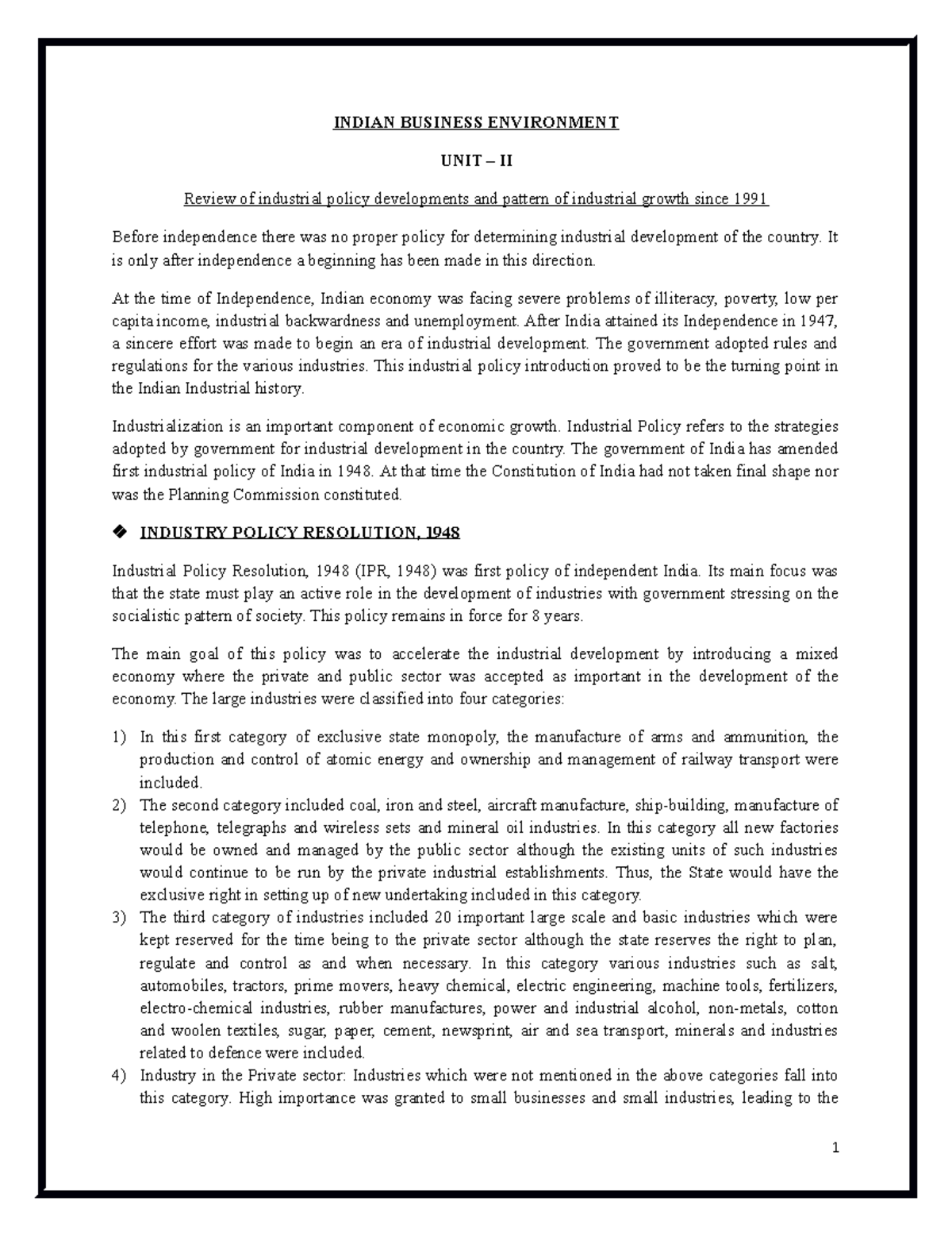 Chapter1 New Industrial Policy1991 INDIAN BUSINESS ENVIRONMENT UNIT