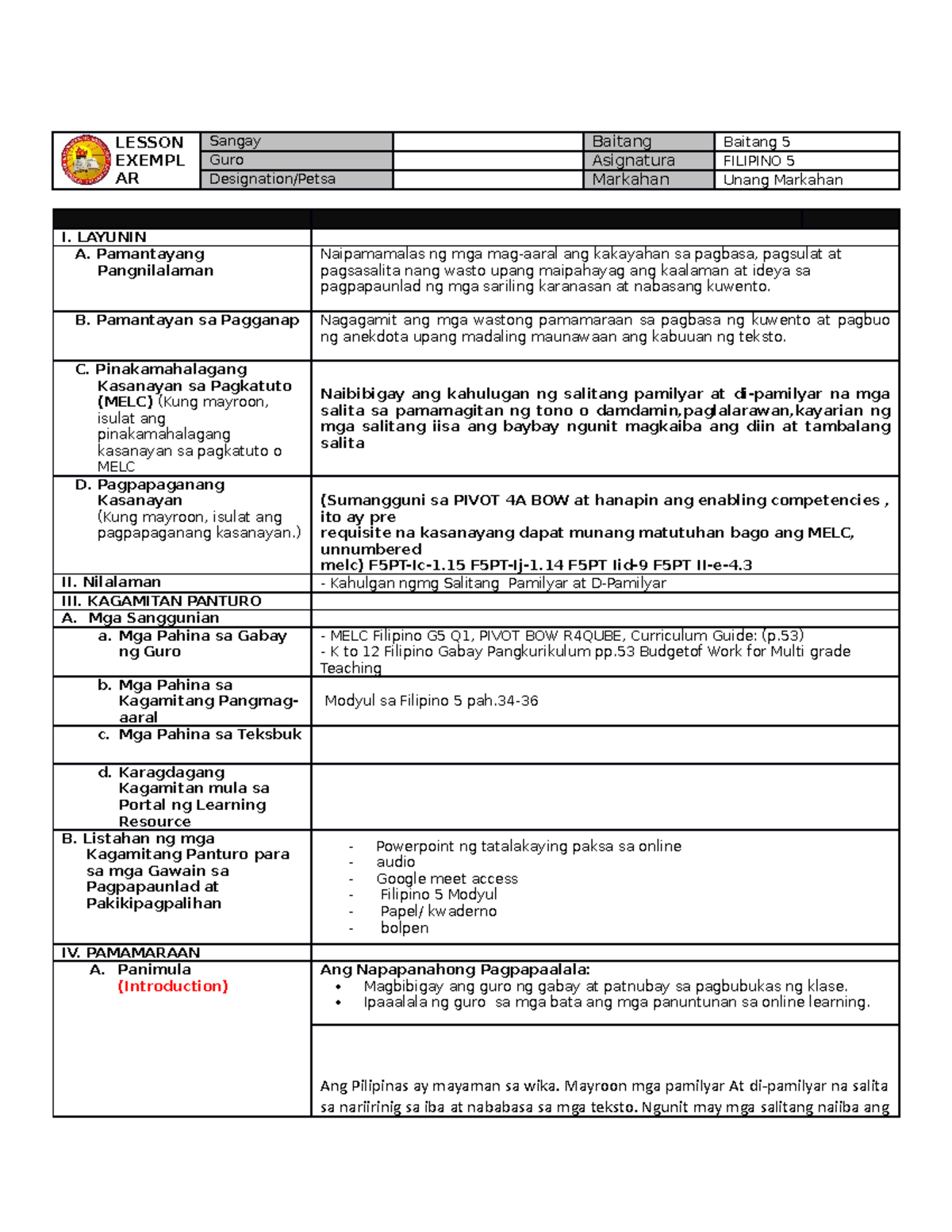 IDEA LE Filipino 5 -Q 1 W 8 - LESSON EXEMPL AR Baitang Asignatura ...