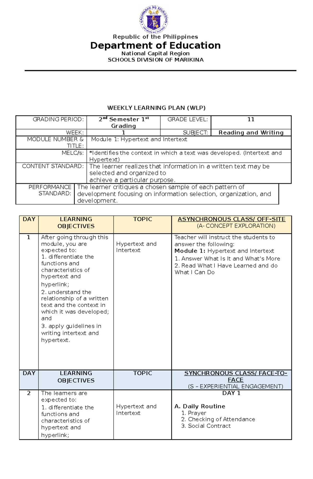 Wlp - Weekly Learning Plan - Department Of Education National Capital 