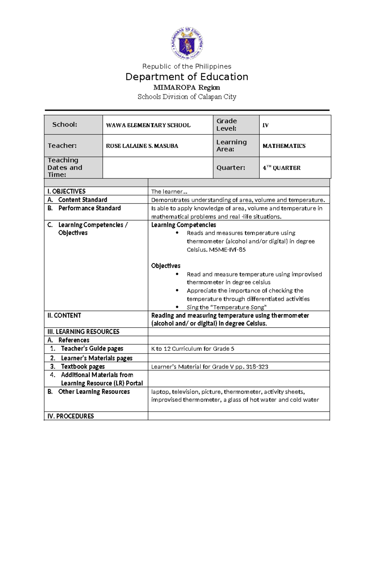 lesson plan about temperature - Republic of the Philippines Department ...