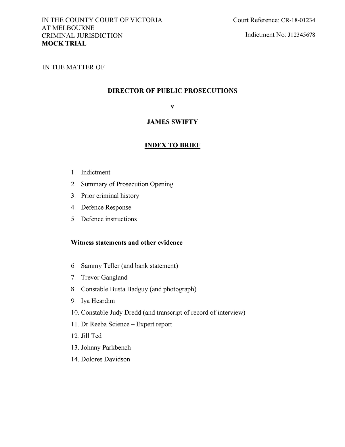 13 Mock Trial Brief - assignment - MLL13 - Evidence - Deakin