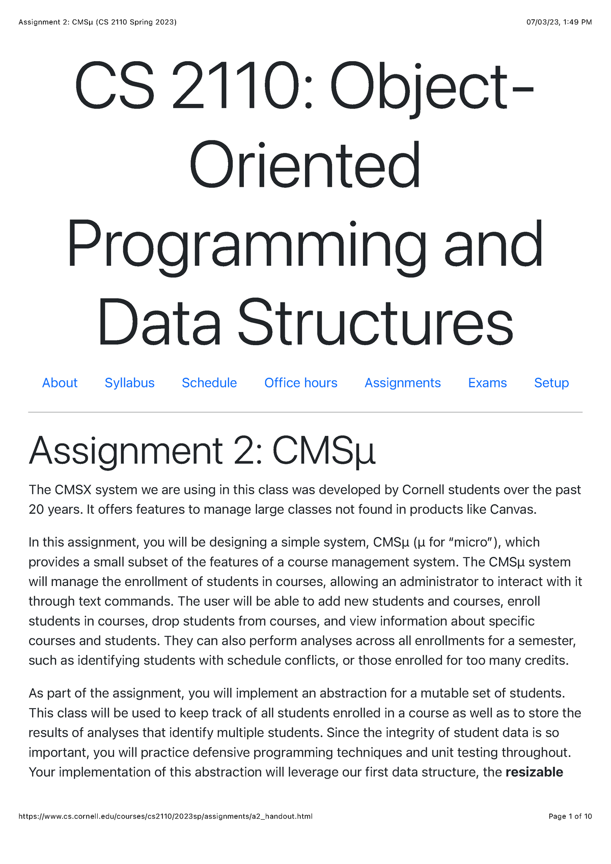Assignment 2 CMSμ (CS 2110 Spring 2023) CS 2110 Object Oriented