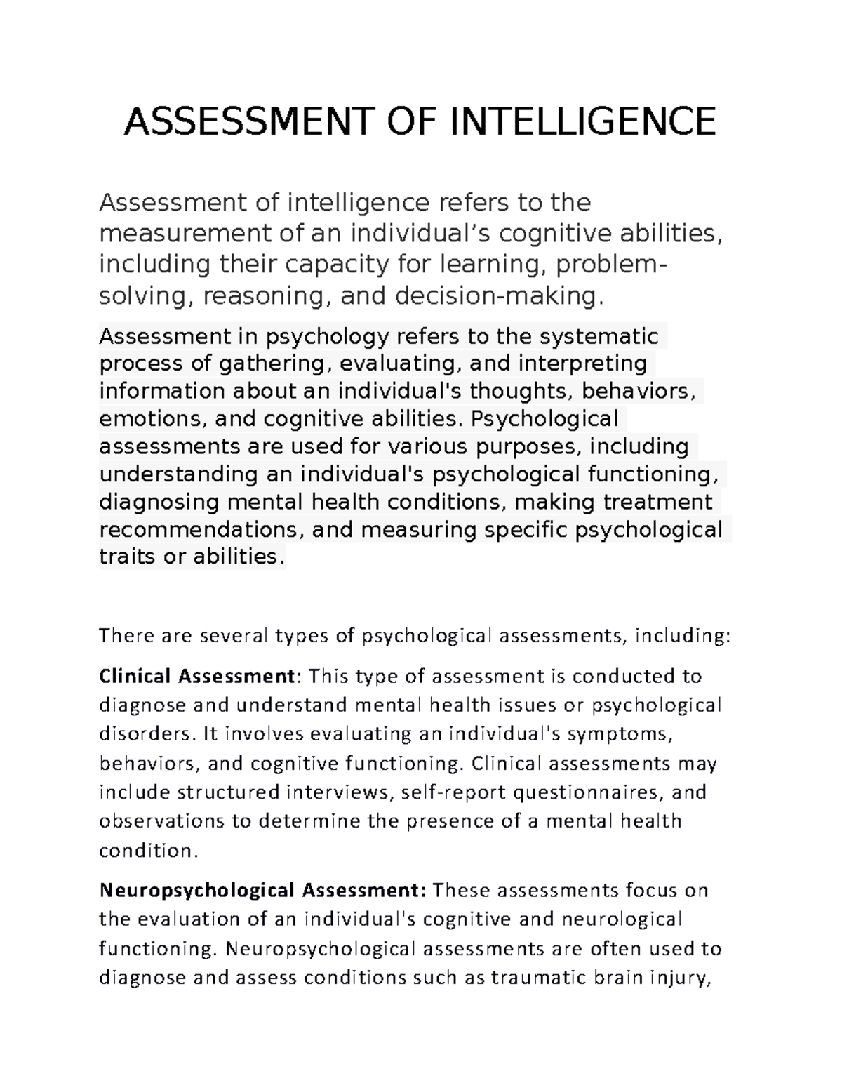 What Is Intelligence Assessment