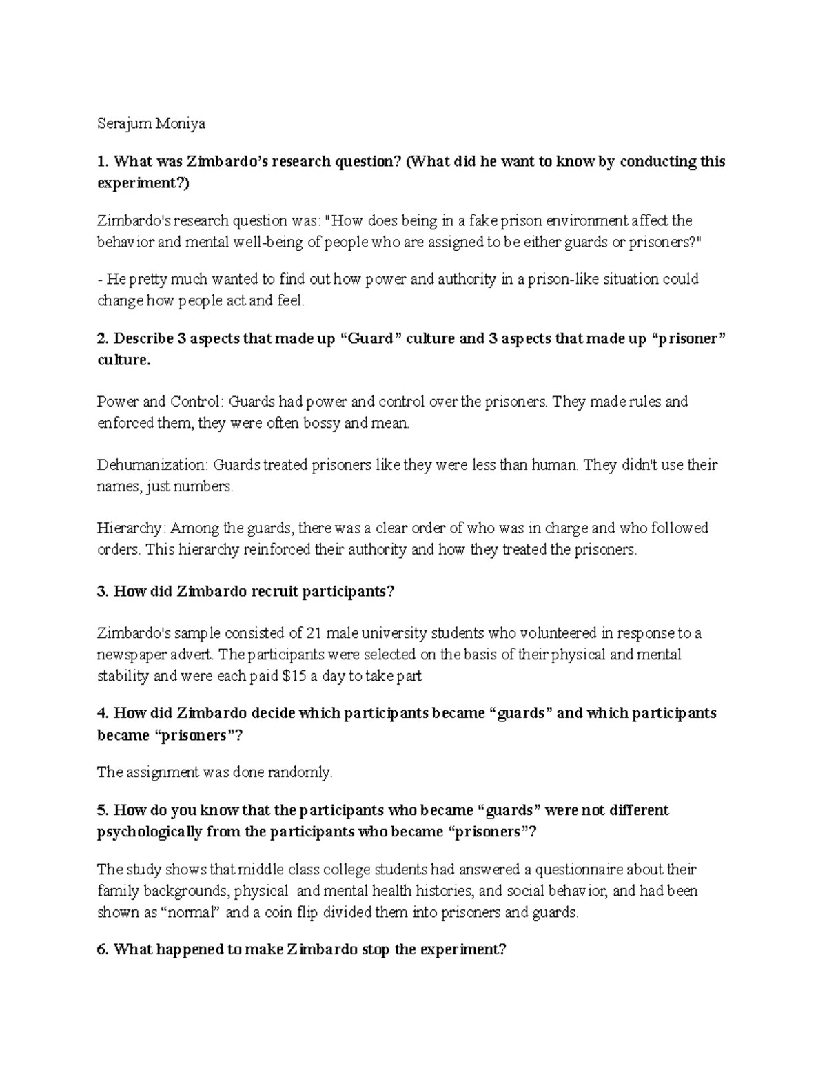 #1 Stanford Prison Experiment - Serajum Moniya What was Zimbardo’s ...