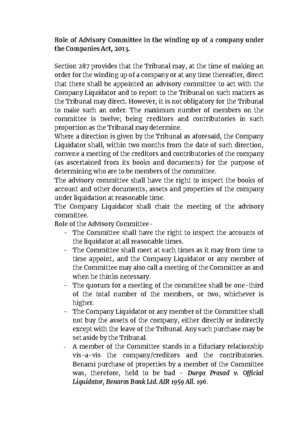 Role Of Advisory Committee Winding Up Role Of Advisory Committee In 