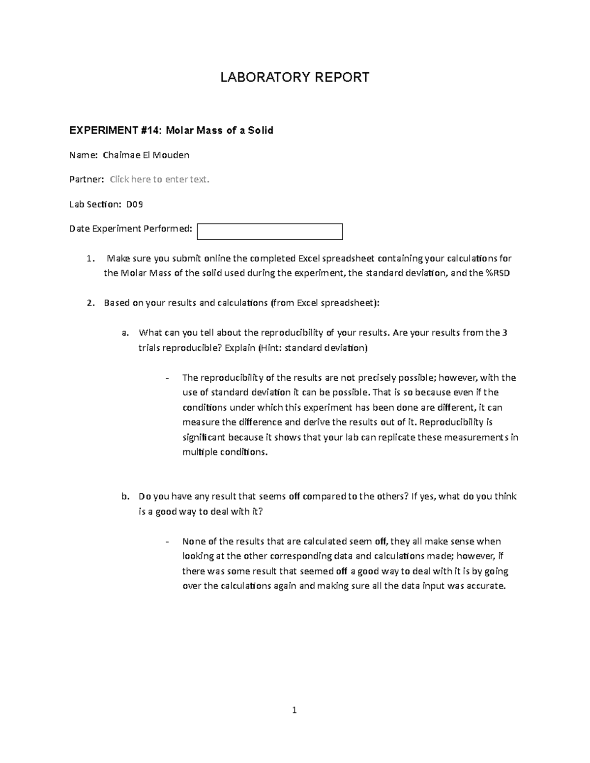 Experiment #2 - Molar Mass of a Solid - Report template - LABORATORY ...