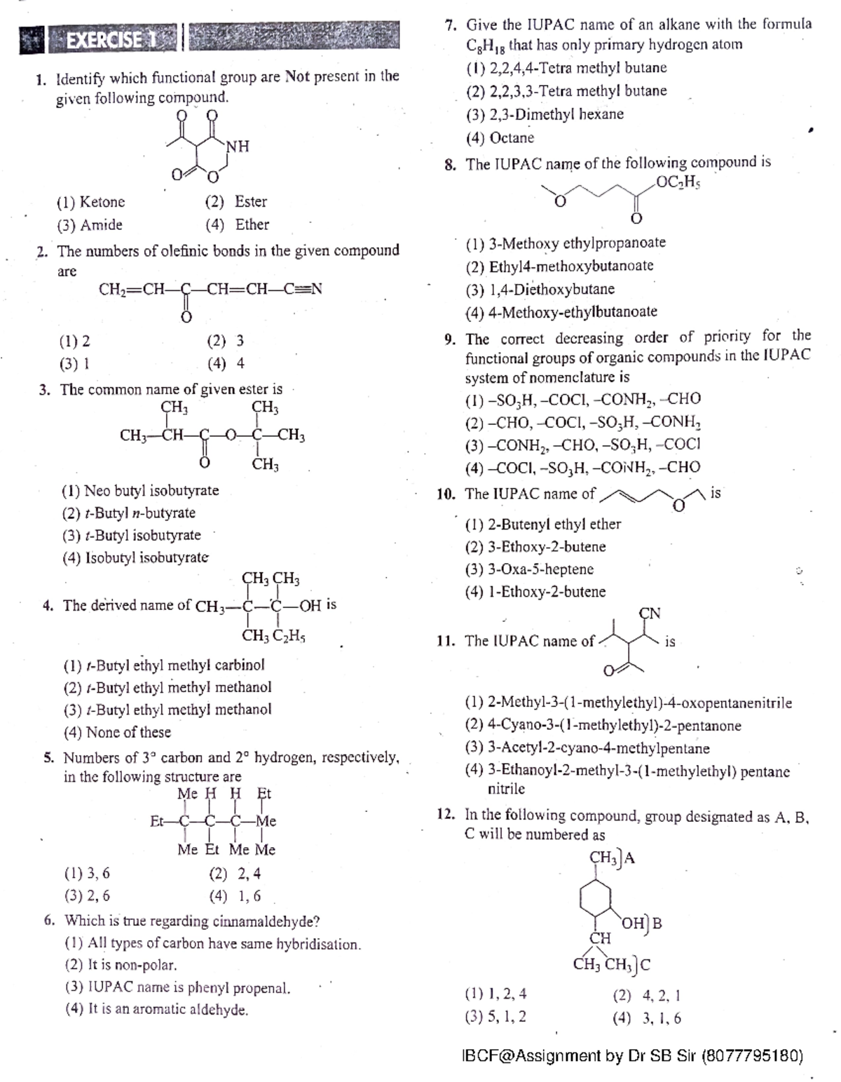 IBCF- Iupac - Very important - IBCF@Assignment by Dr SB Sir (8077795180 ...