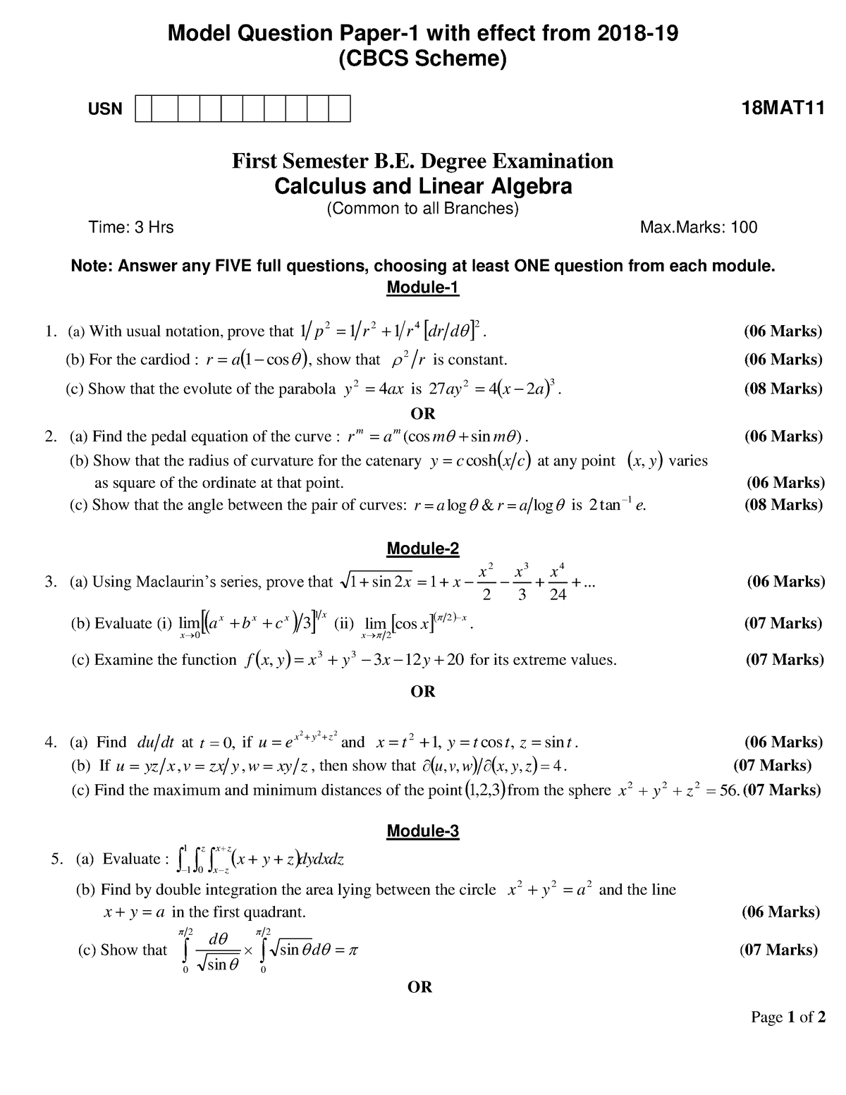 Calculus Linear Algebra Model Question Paper 1 2018 - Page 1 of 2 Model ...