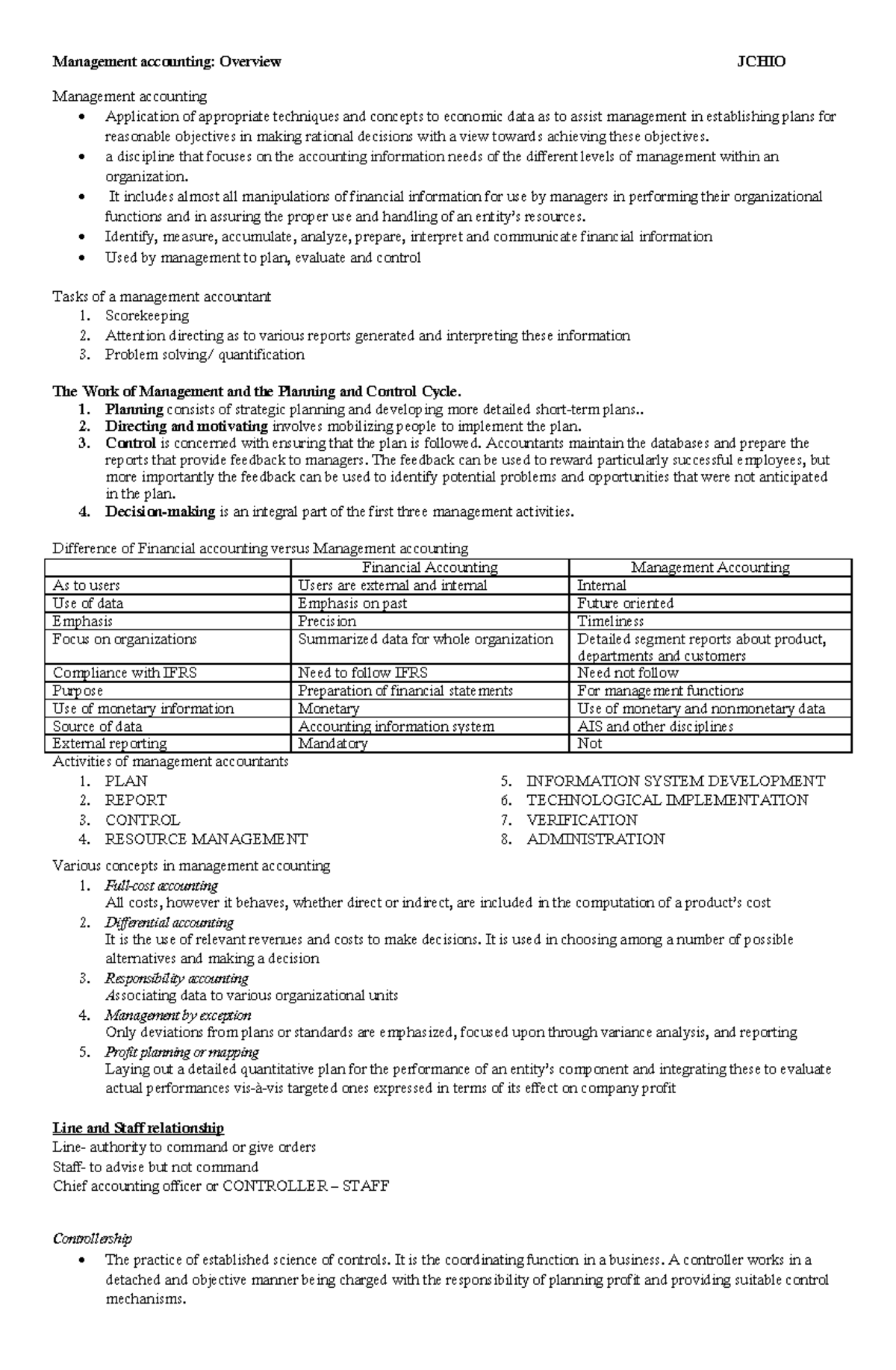 Mas overview handout - Management accounting: Overview JCHIO Management ...