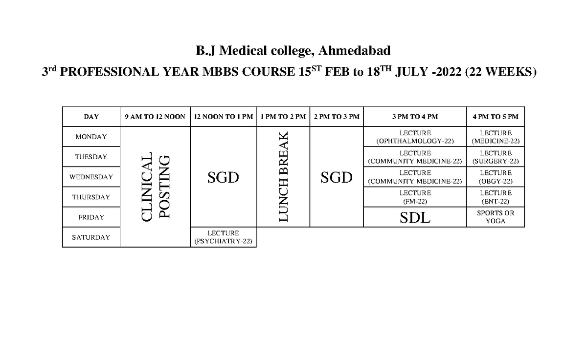 3RD Professional YEAR MBBS Course (BJMC) TIME Table - B Medical College ...