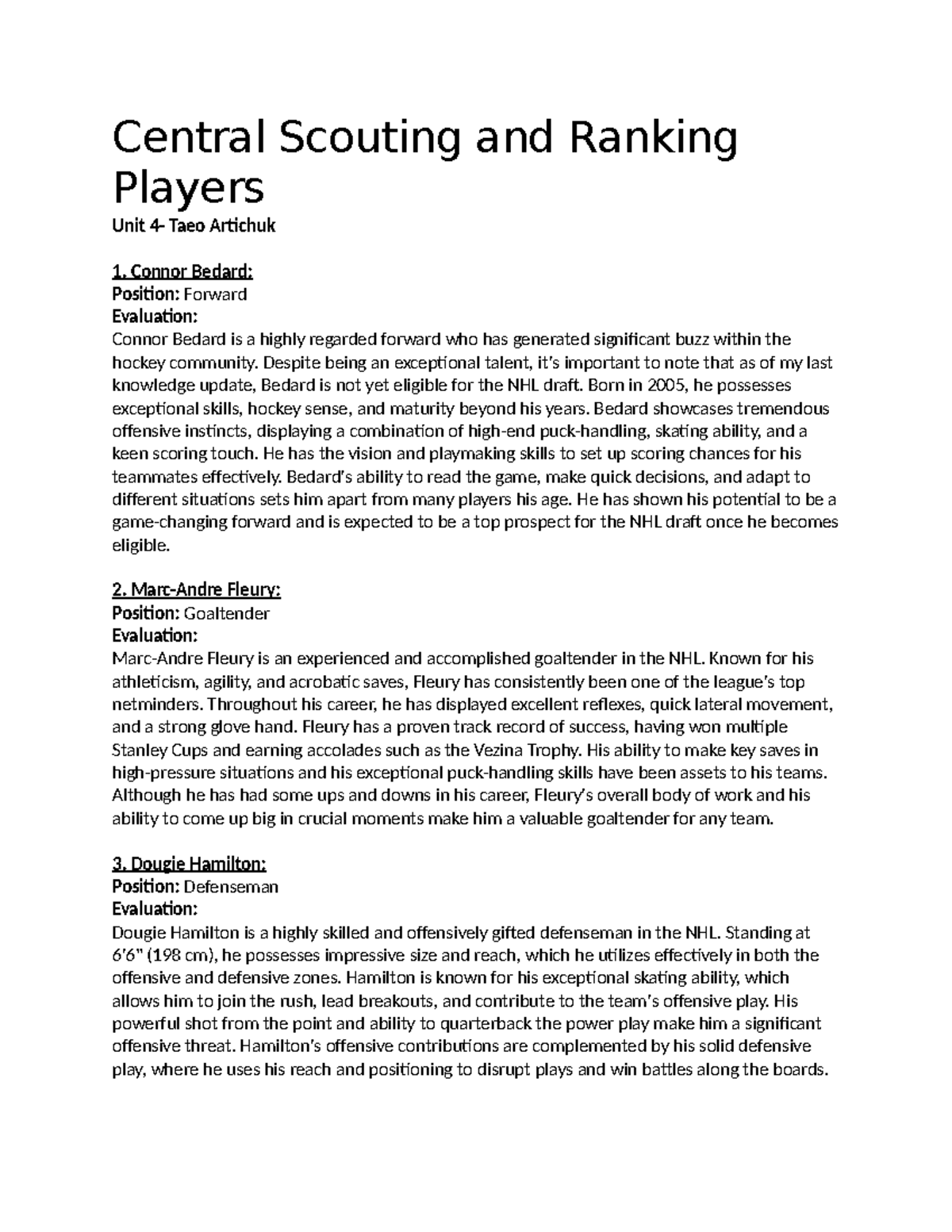 Central Scouting and Ranking Players Unit 4 Taeo Central Scouting and