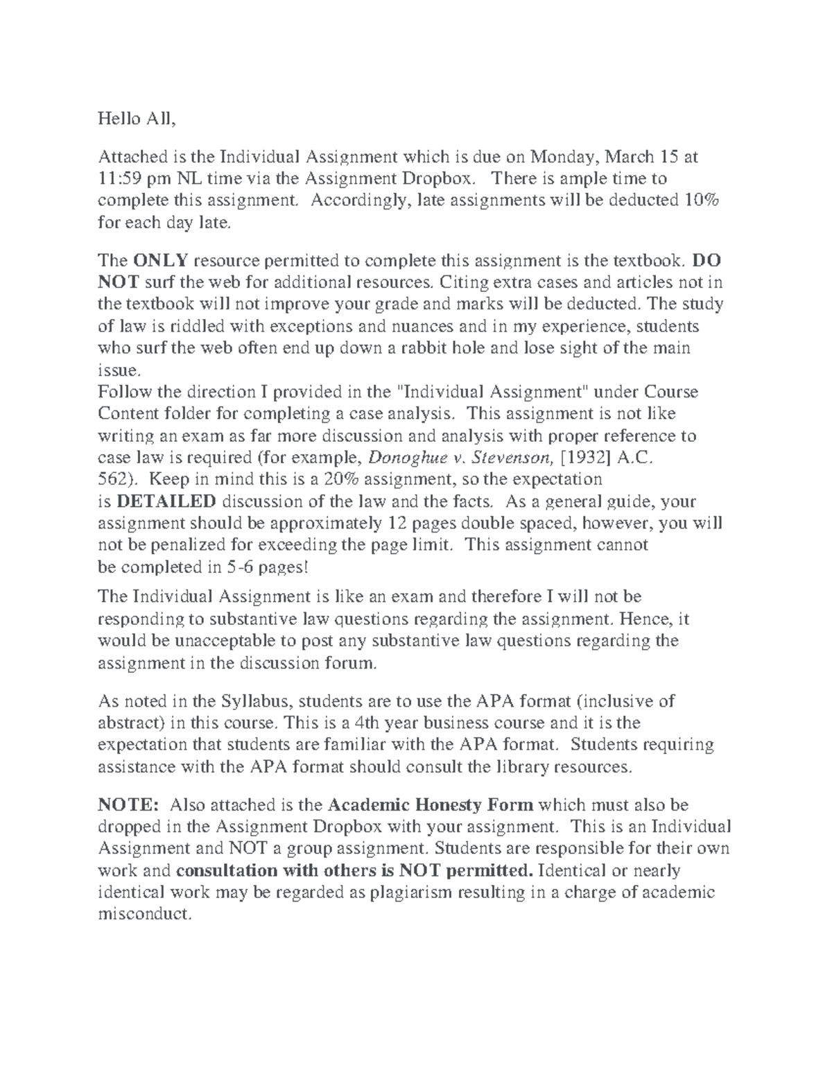 Instruction - course notes - Hello All, Attached is the Individual ...
