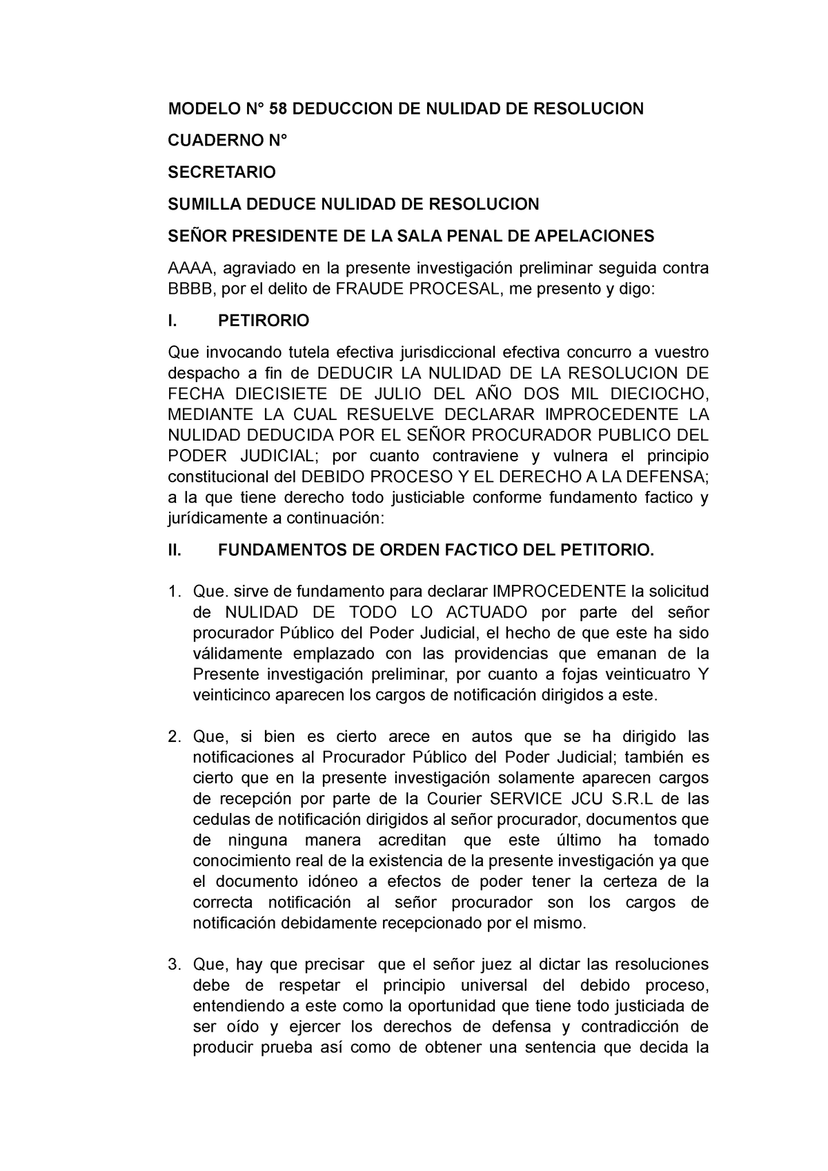  Modelo DE Deduccion DE Nulidad DE Resolucion - MODELO N° 58 DEDUCCION  DE NULIDAD DE RESOLUCION - Studocu