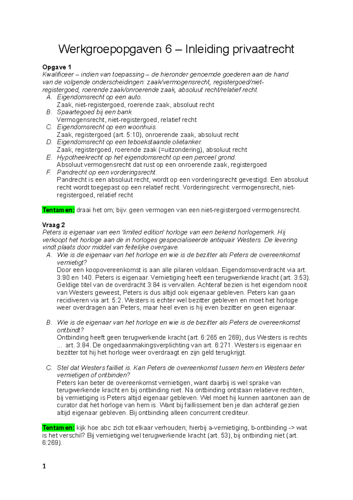 Werkgroepopgaven 6 - Inleiding Privaatrecht - Werkgroepopgaven 6 ...