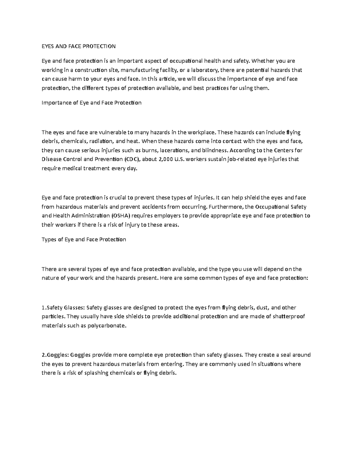 EYES AND FACE PWPS Office EYES AND FACE PROTECTION Eye and face