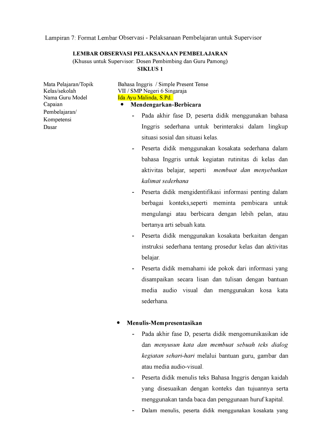 Lampiran 7 - Format Lembar Observasi Pelaksanaan Pembelajaran Untuk ...