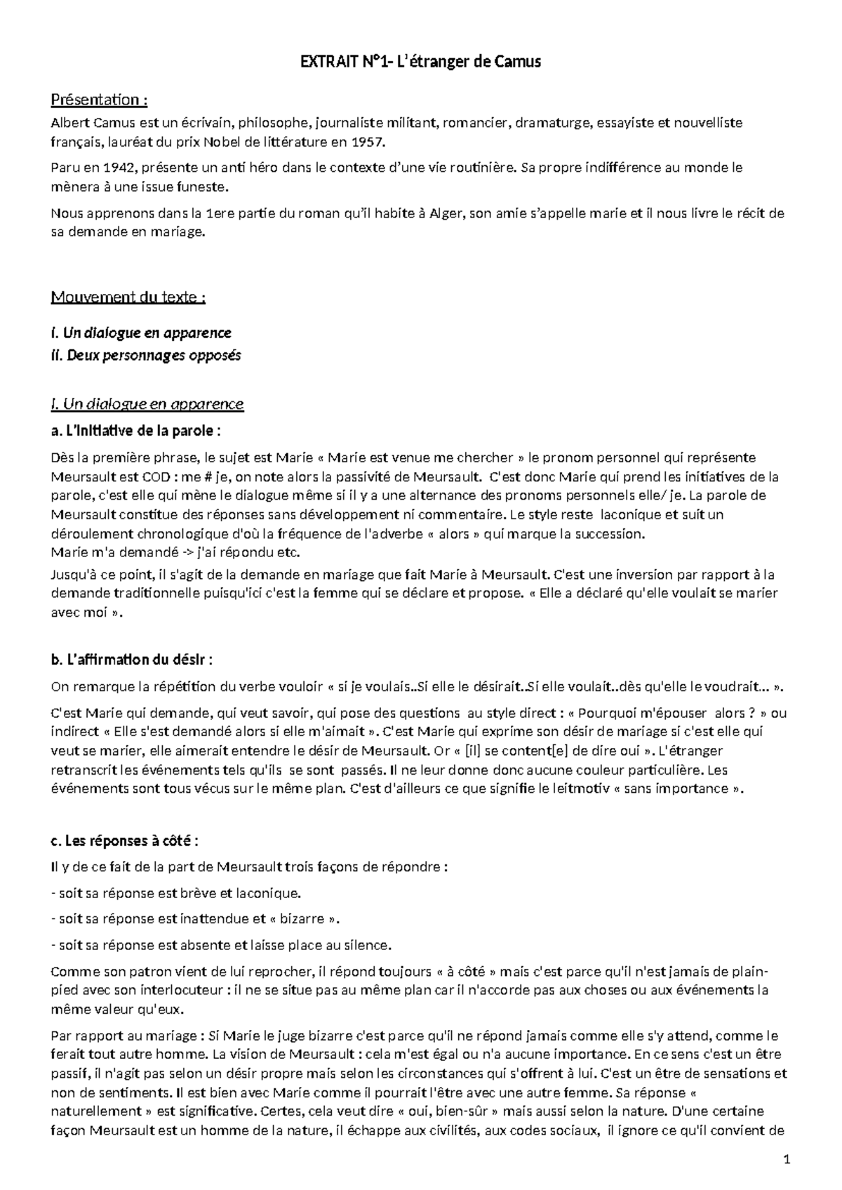 Extrait N - bac de français - EXTRAIT N°1- L’étranger de Camus ...