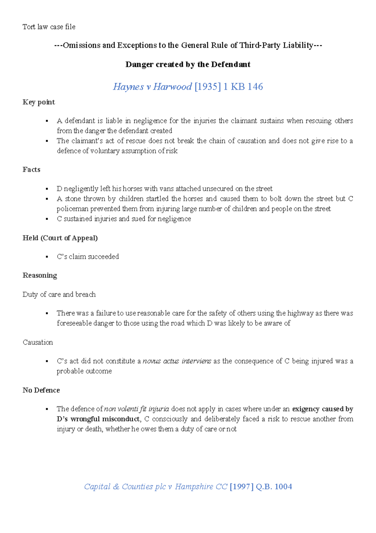 Tort Law exam case file - Summary Law of Torts -Omissions and ...