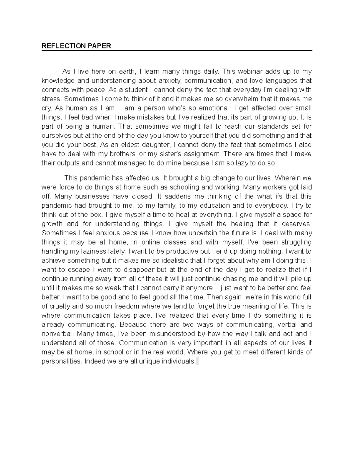 Final Output Reflection Paper - REFLECTION PAPER As I live here on ...