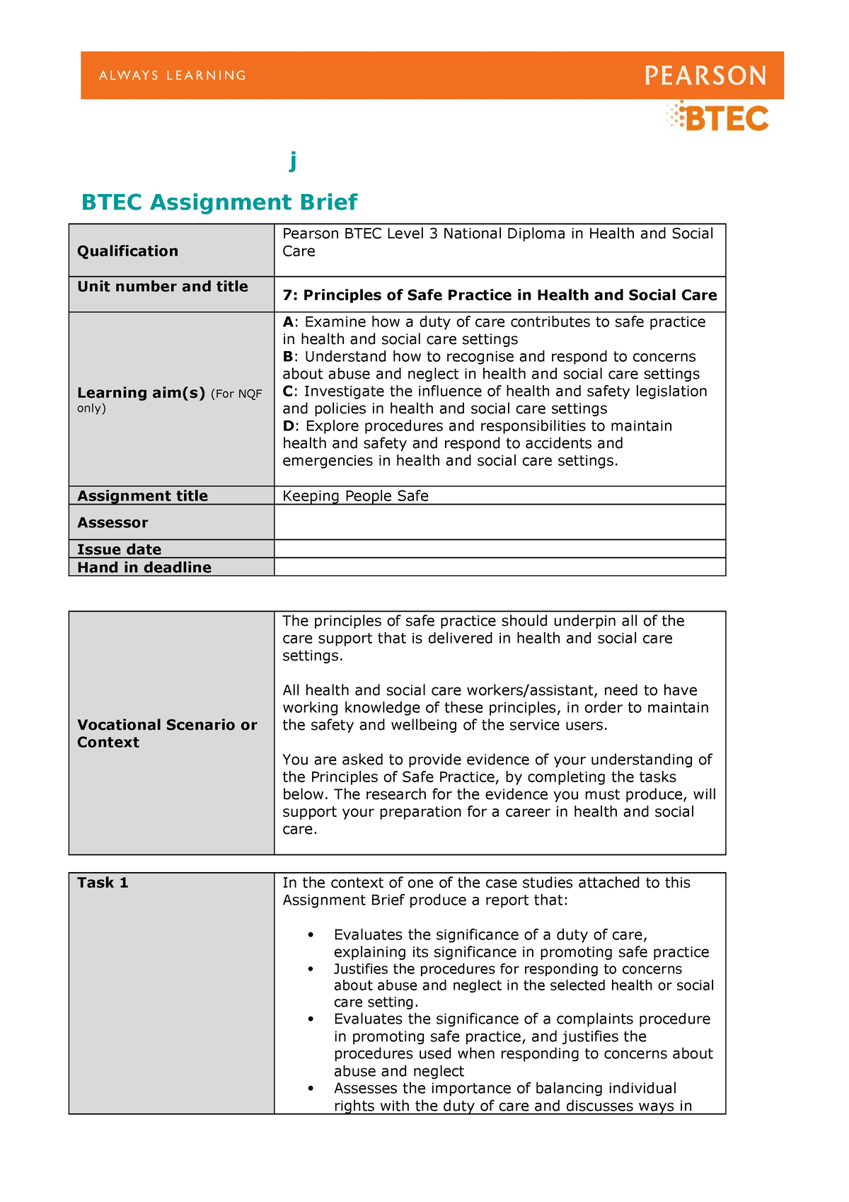 unit 7 assignment brief health and social care
