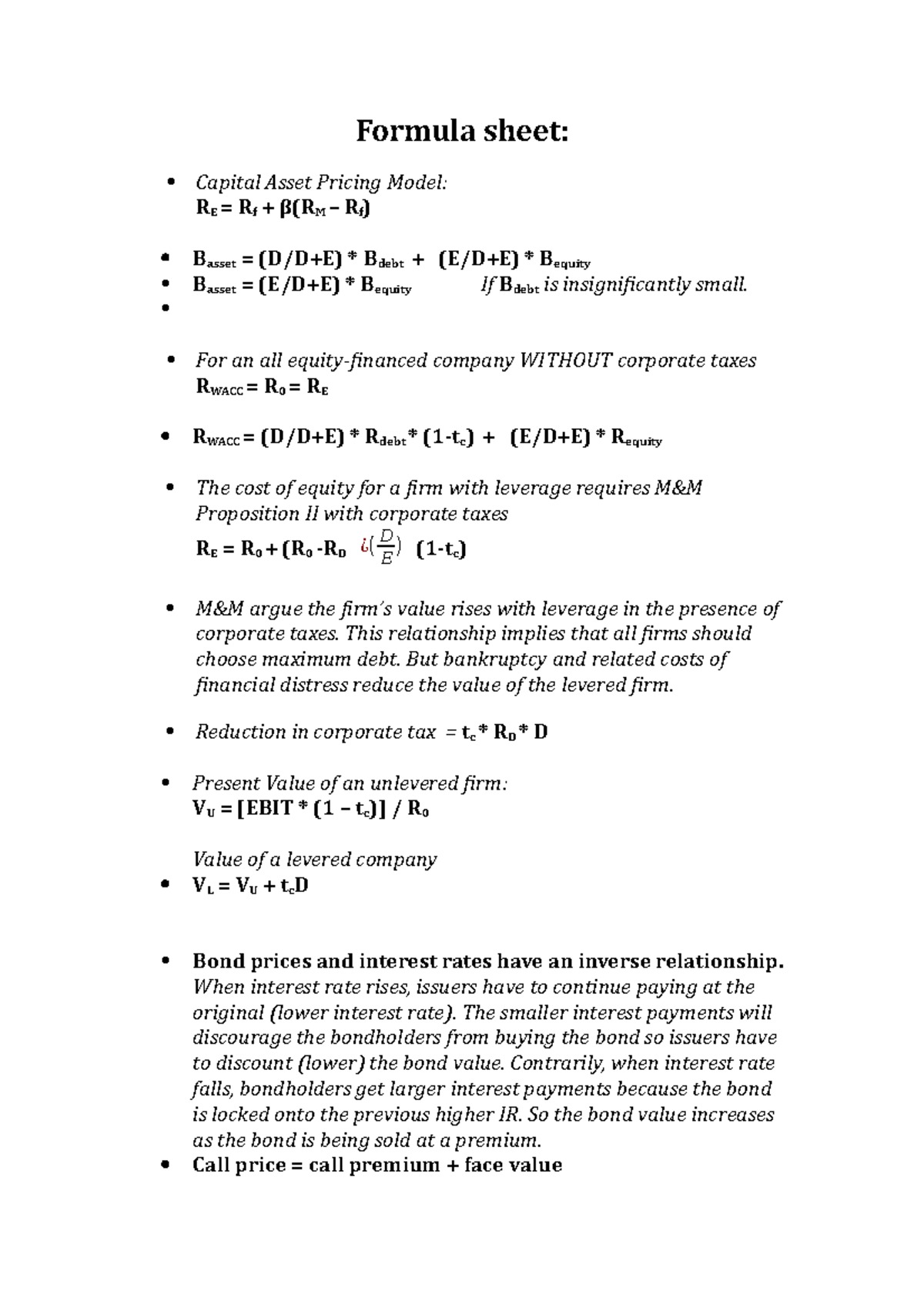 Formula Sheet Summary Finance 2 Corporate Finance Formula Sheet Capital Asset Pricing