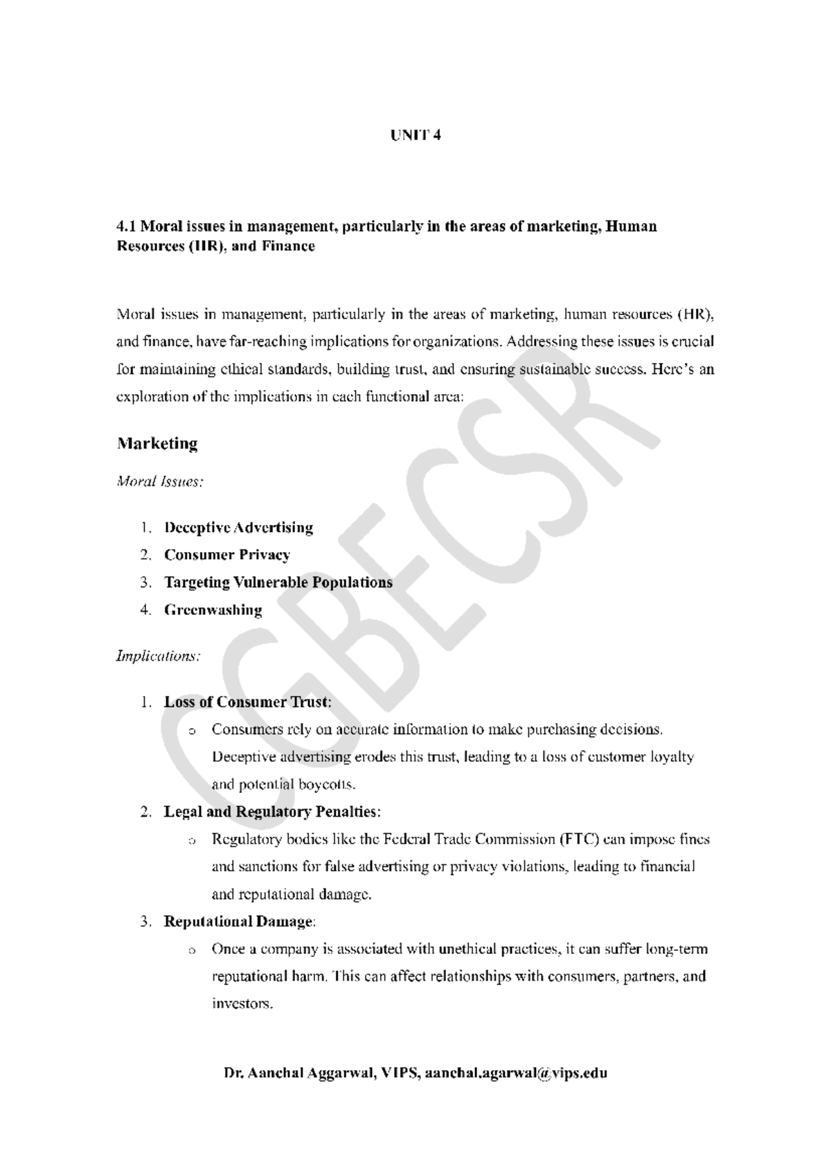 UNIT 4 - CG notes for Unit 4 - UNIT 4 4 Moral issues in management ...