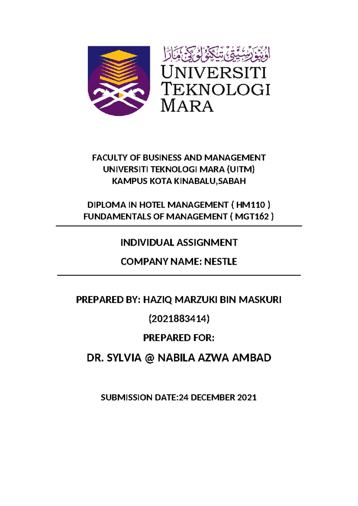 MGT Individual Assignment - FACULTY OF BUSINESS AND MANAGEMENT ...