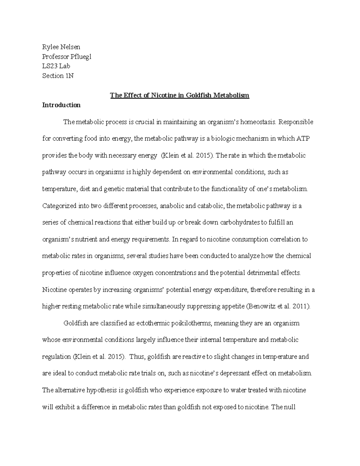 LS23L Goldfish lab Rylee Nelsen Professor Pfluegl LS23 Lab Section 1N