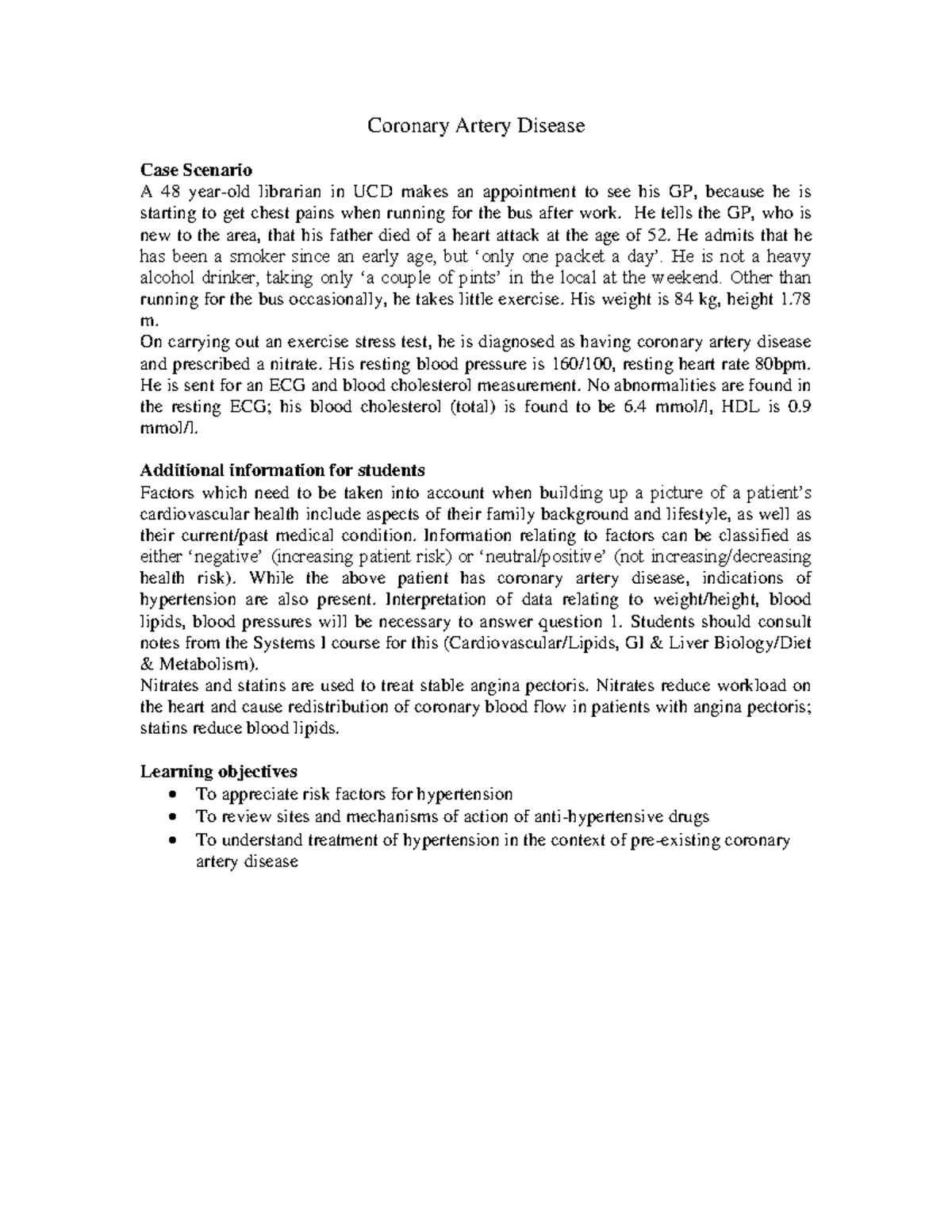 Pharm CHD case-study - Coronary Artery Disease Case Scenario A 48 year ...