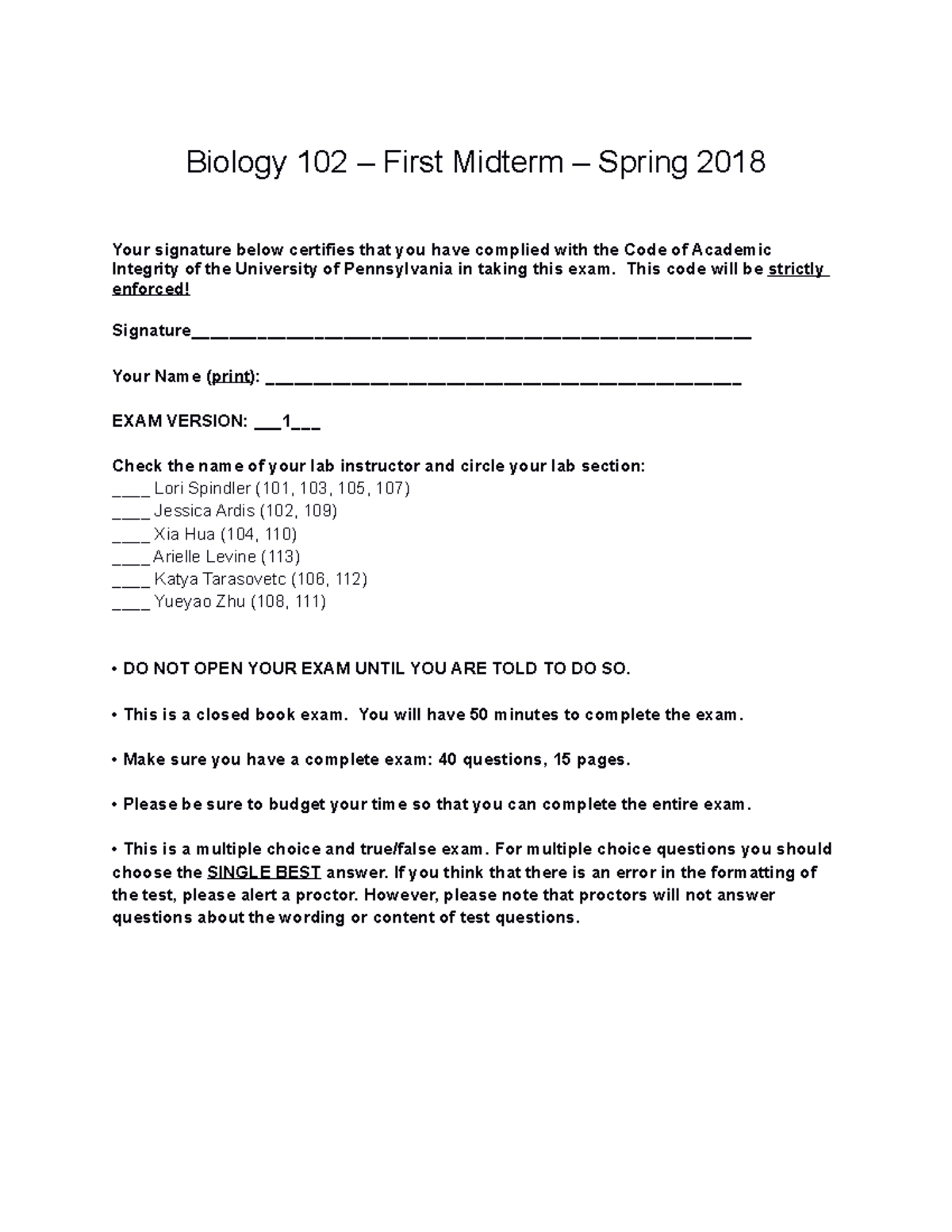 Biology 102 First Midterm Spring 2018 - Studocu