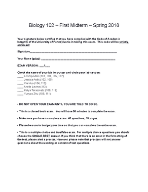 BIOL102 Midterm 1 Version 2 KEY - Biology 102 – First Midterm – Spring ...