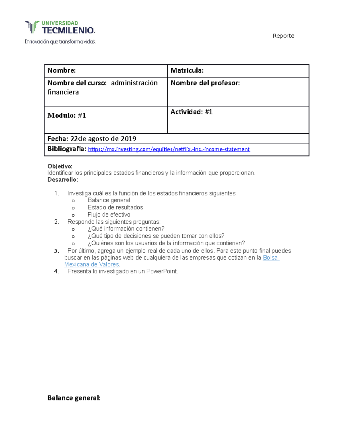 Actividad 1 administracion financiera - Nombre: Matricula: Nombre del ...