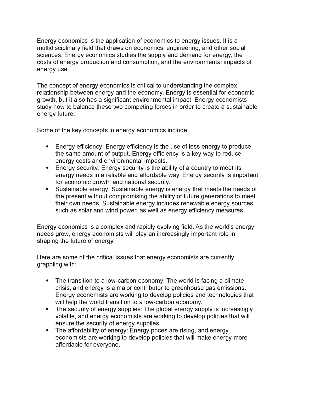 Energy economics week 4 - Energy economics is the application of ...