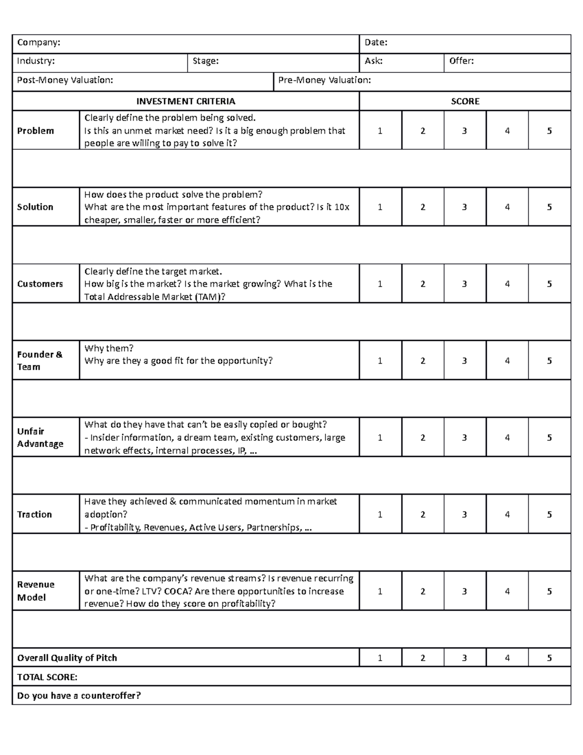 Pitch Evaluation Form - Practice material - Company: Date: Industry ...