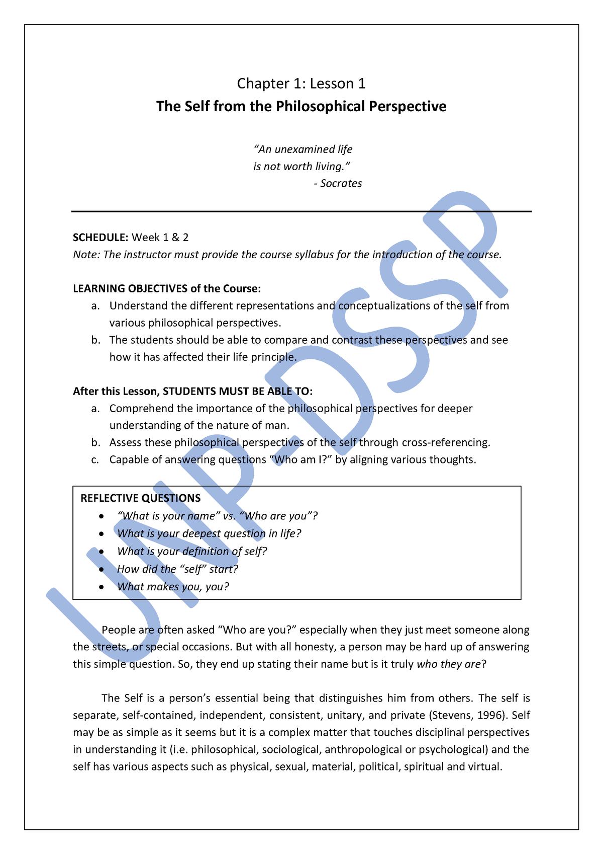 Chapter 1 Lesson 1 Ust - Chapter 1: Lesson 1 The Self From The ...