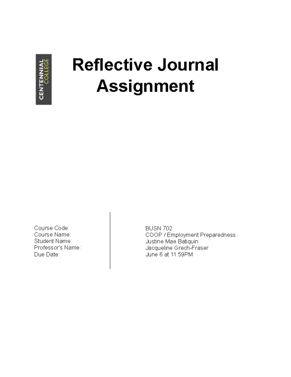 COOP Reflective Journal final submission - Course Code: Course Name ...