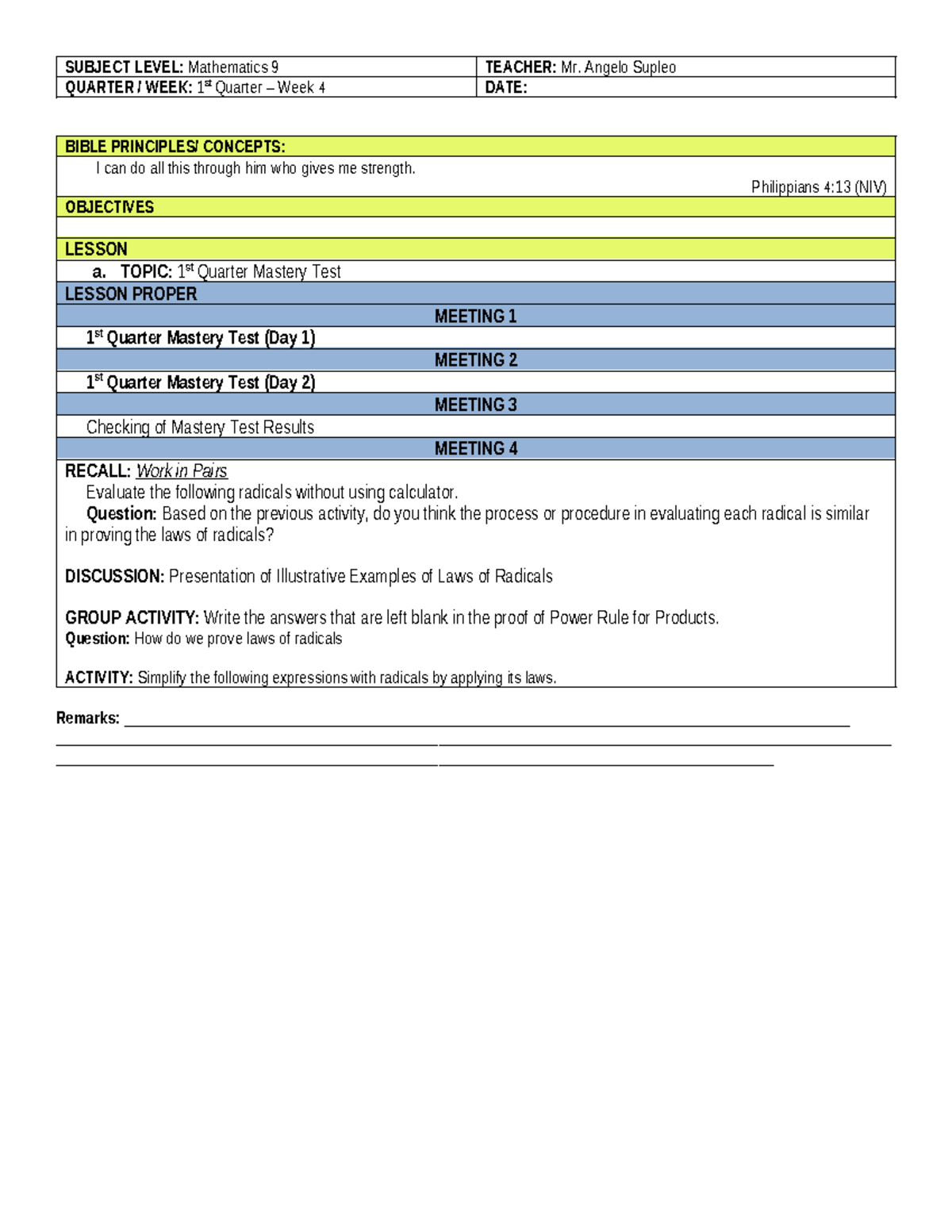 Grade 9 Weekly Plan Week 4 - SUBJECT LEVEL: Mathematics 9 TEACHER: Mr ...