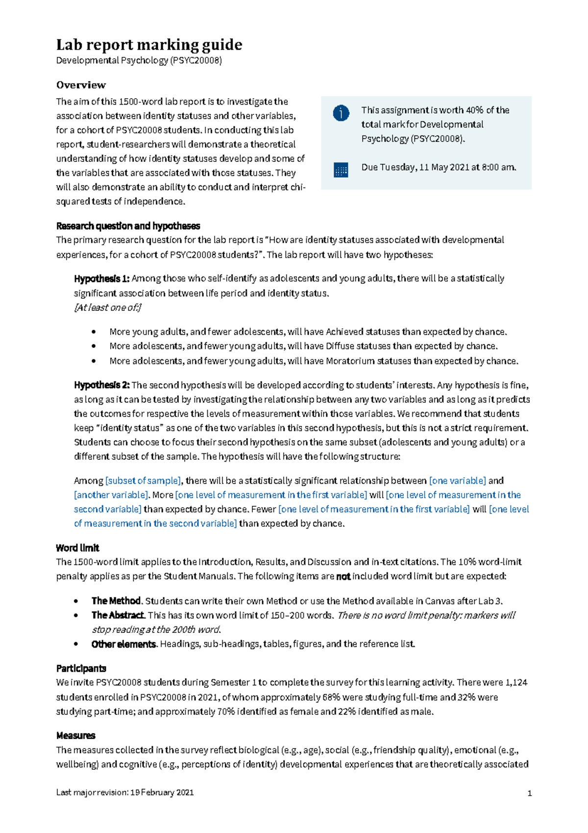 PSYC2000 8 2021 lab report guide - Lab report marking guide ...