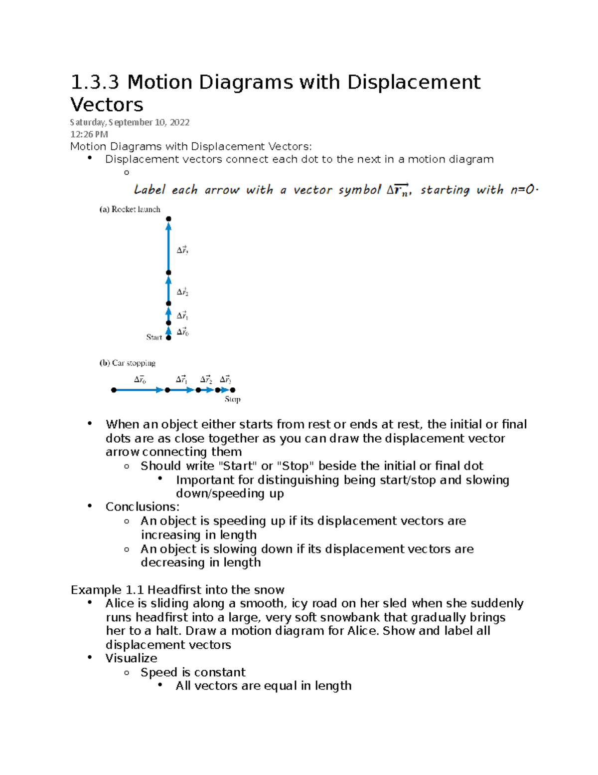 1.3.3 Motion Diagrams with Displacement Vectors 1.3 Motion Diagrams