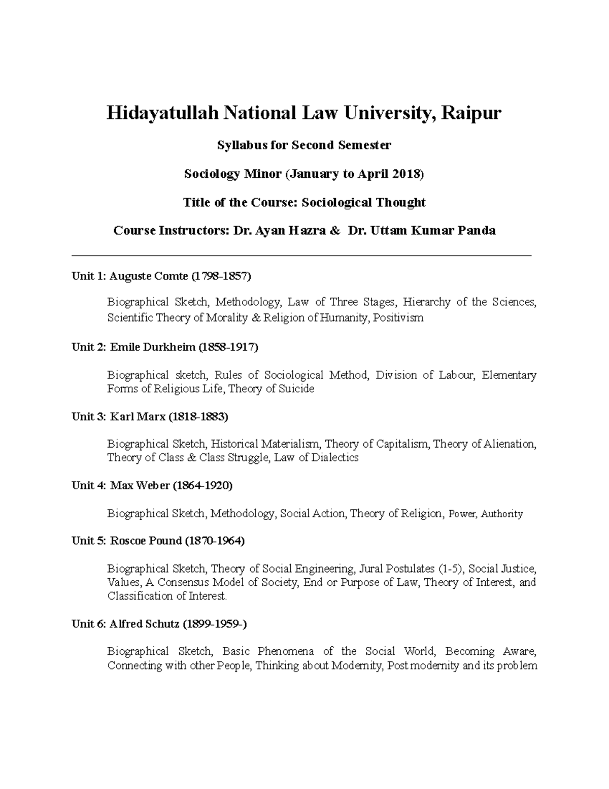 2018Sociological Thought2nd Sem Hidayatullah National Law
