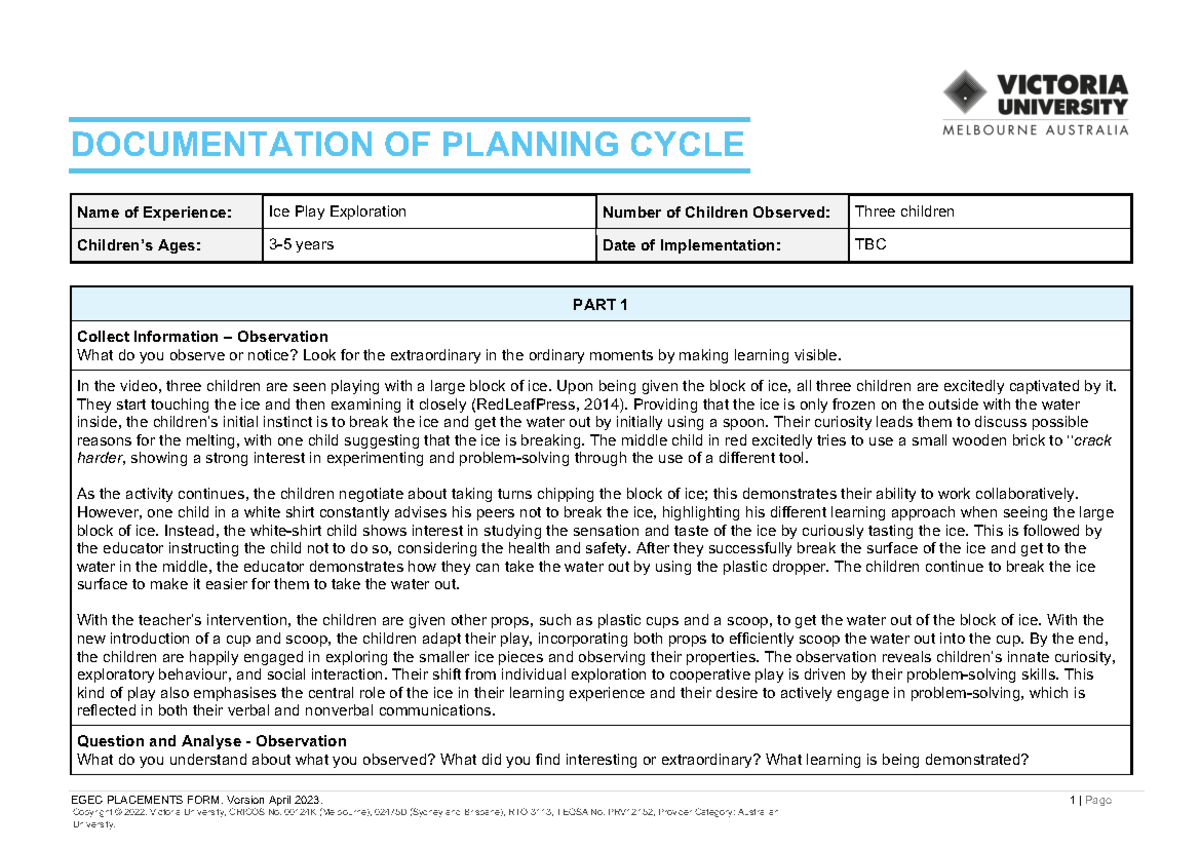 ECE6009 Assessment 3 - EGEC PLACEMENTS FORM. Version April 2023. 1 ...