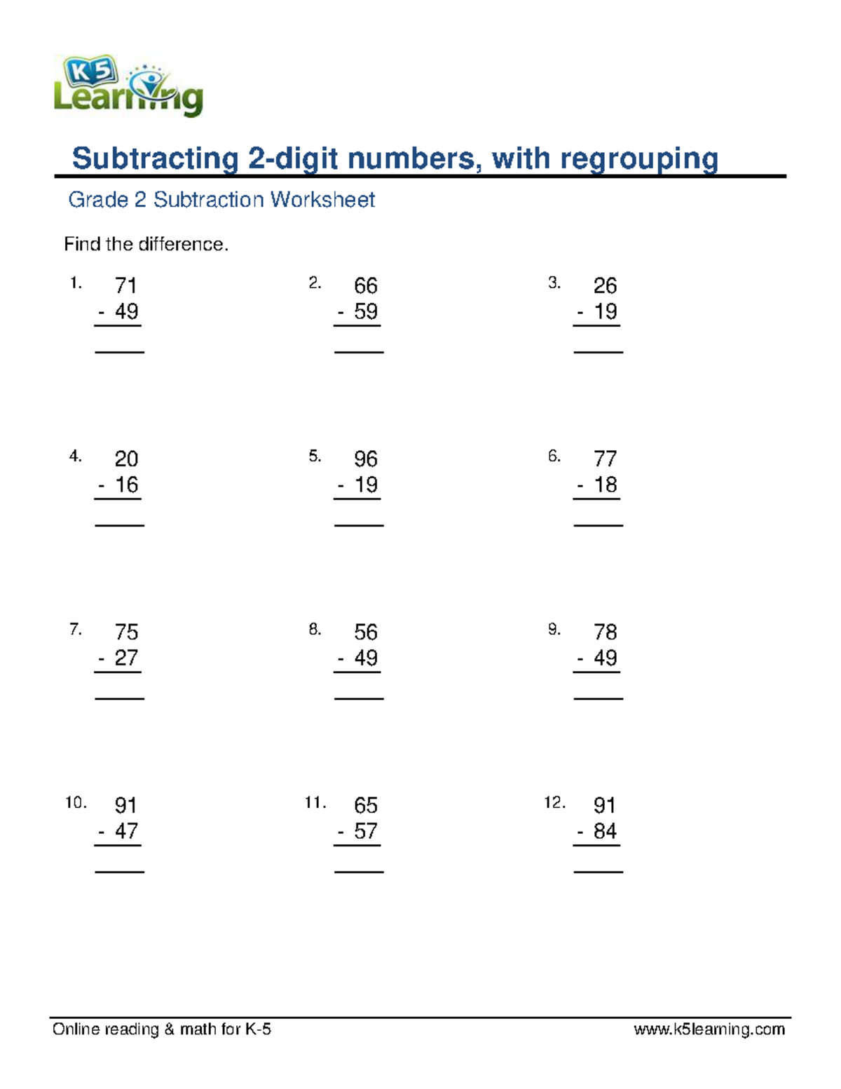 Grade 2 subtract 2 digit numbers with regrouping a - Online reading ...