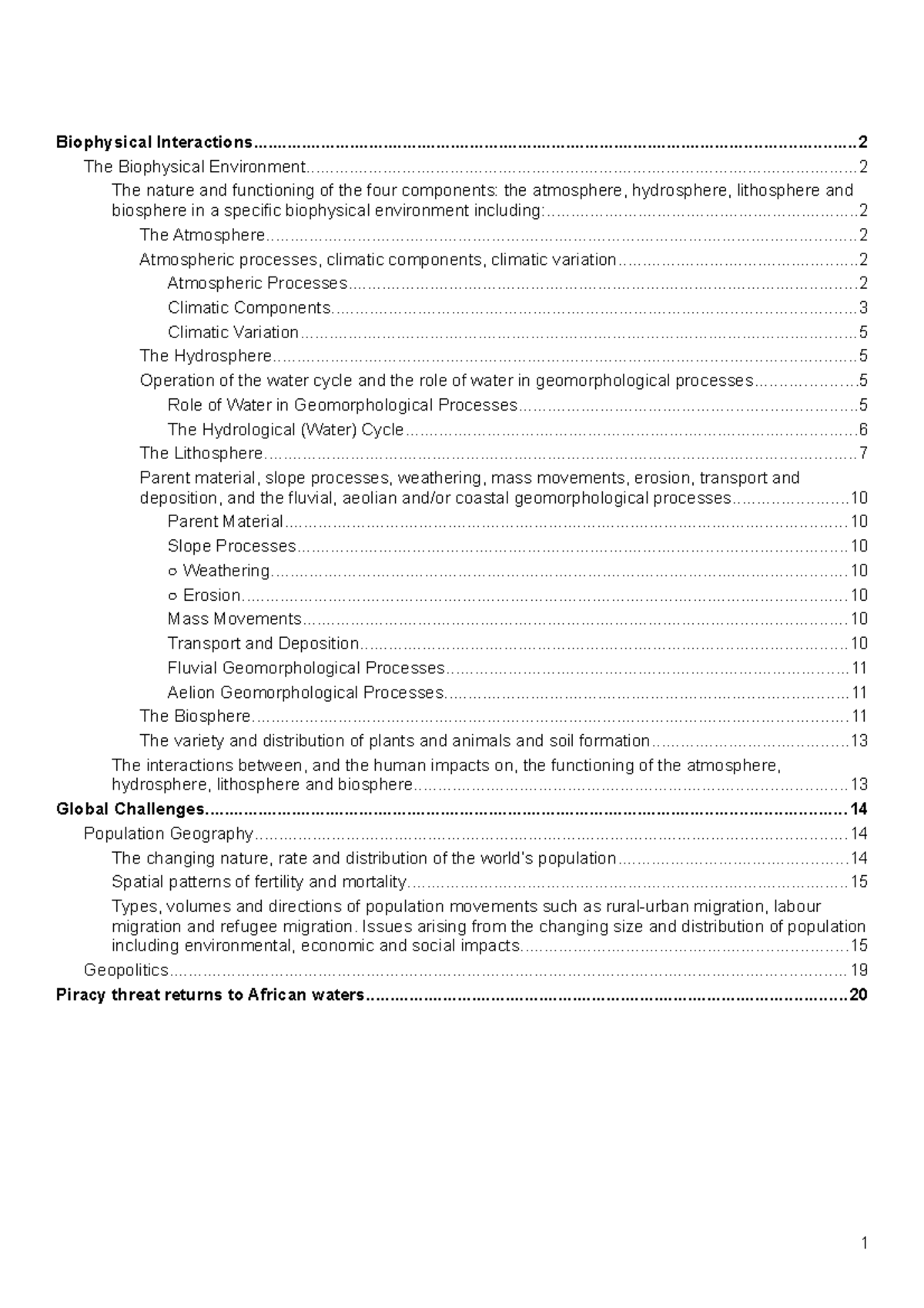 Full Geography Syllabus Notes The nature and functioning of the four
