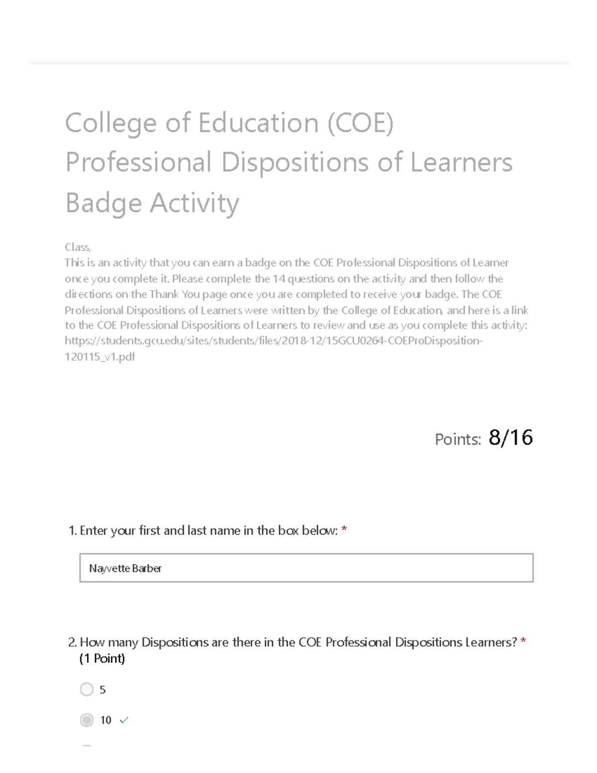 College of Education (COE) Professional Dispositions of Learners Badge