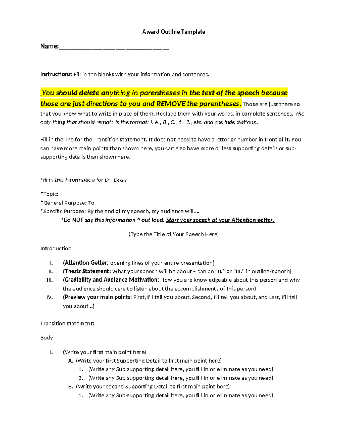 Award Speech Outline Template FALL 2023 - Award Outline Template - Studocu