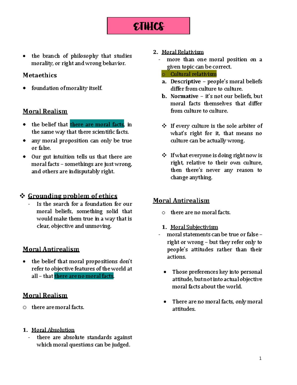 Ethics - notes that i took down during lecture. - ETHICS 1 the branch ...