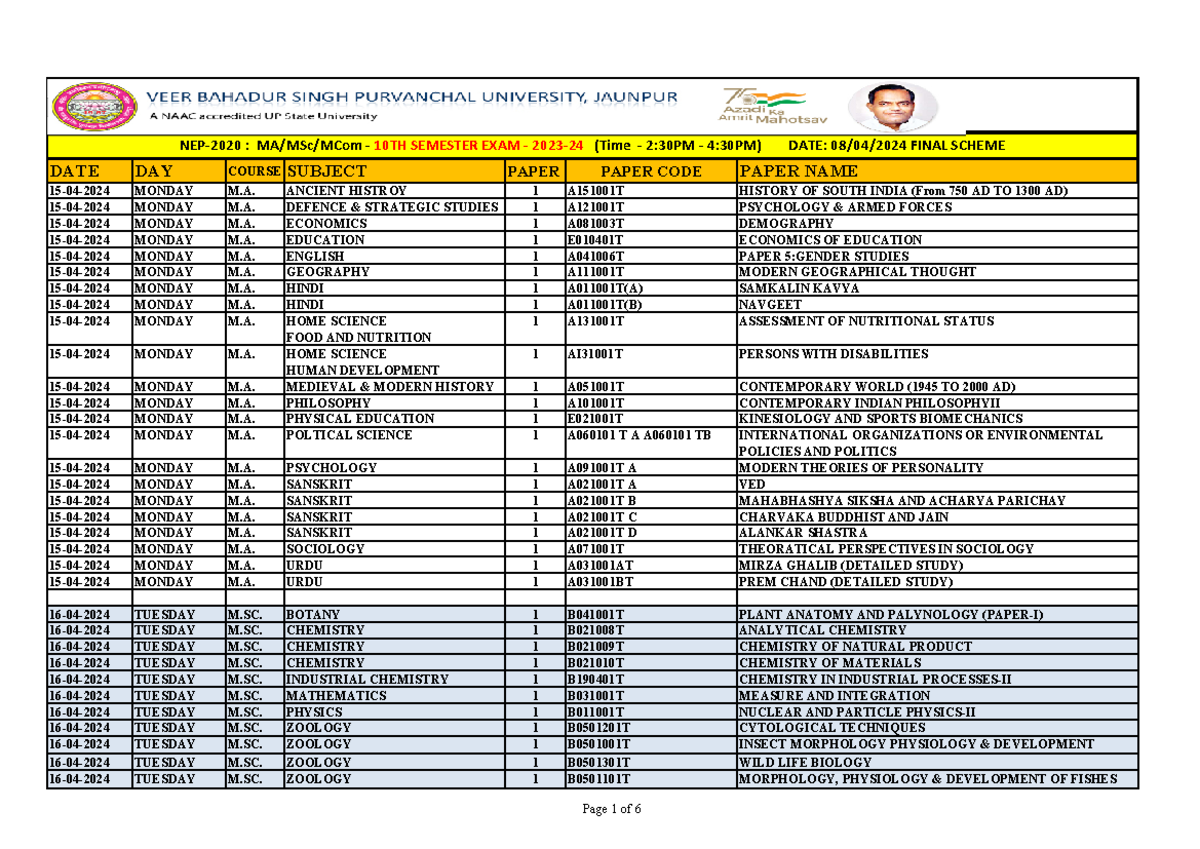 Time table - no any - DATE DAY COURSE SUBJECT PAPER PAPER CODE PAPER ...