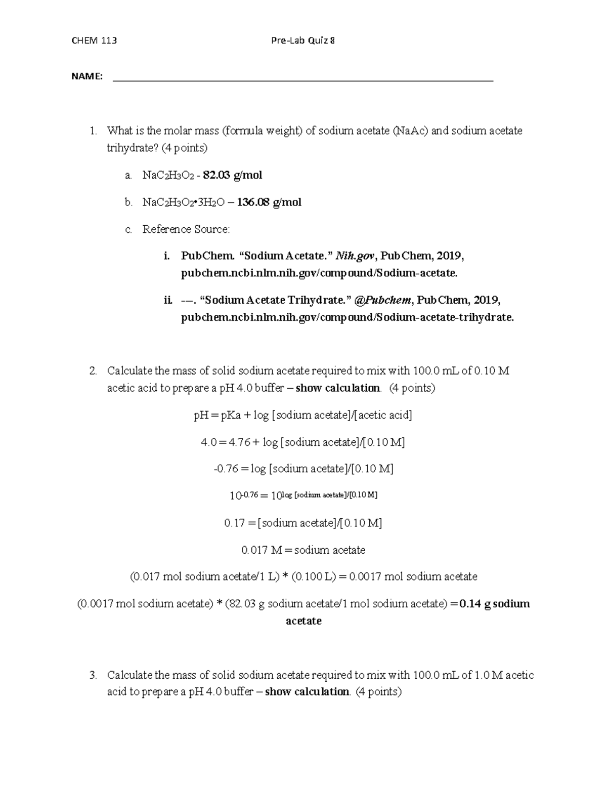 CHEM 113 PRELAB QUIZ 8 Chem 113 Laboratory Quiz CHEM 113 PreLab Quiz 8 NAME Studocu