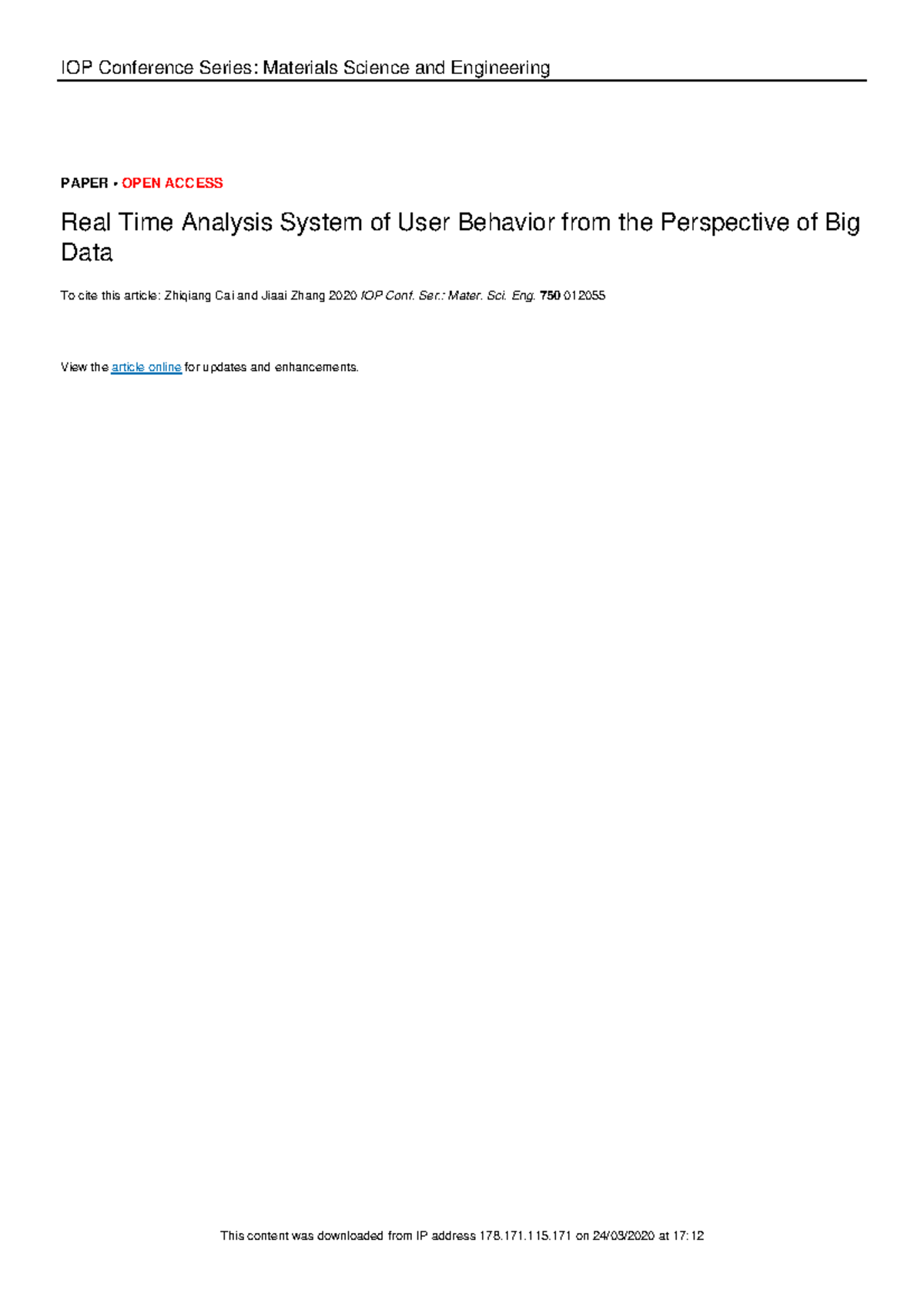 Real Time Analysis System of User Behavior from th - Ser.: Mater. Sci ...