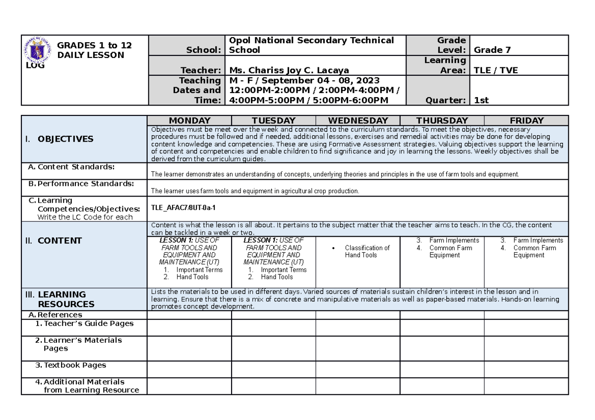 DLL AGRI September 4-8 - zazaza - GRADES 1 to 12 DAILY LESSON LOG ...